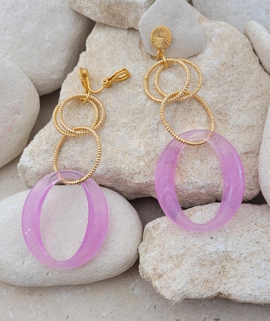 Boucles oreilles à clips pendant O lilas (non percées)