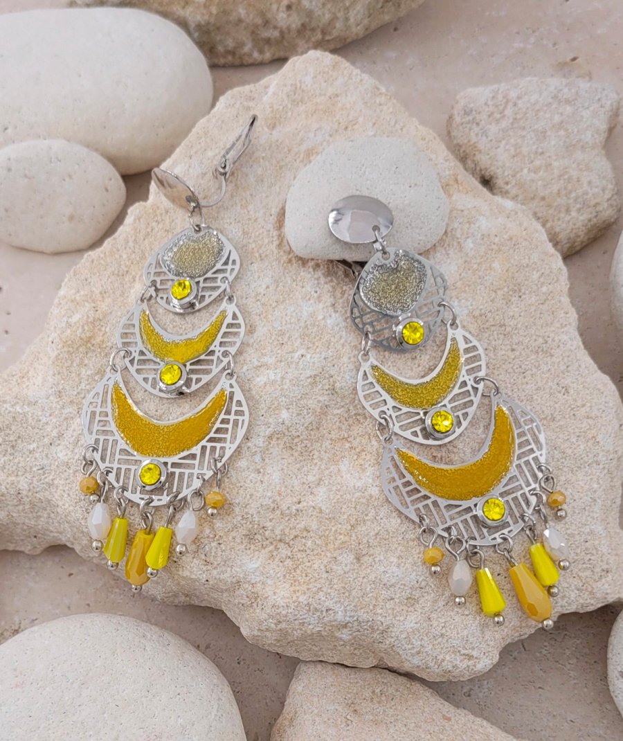 Boucles oreilles clips orientales jaune (non percées)