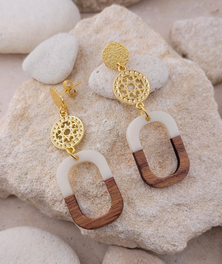 Boucles d'oreilles bi-colore bois et beige