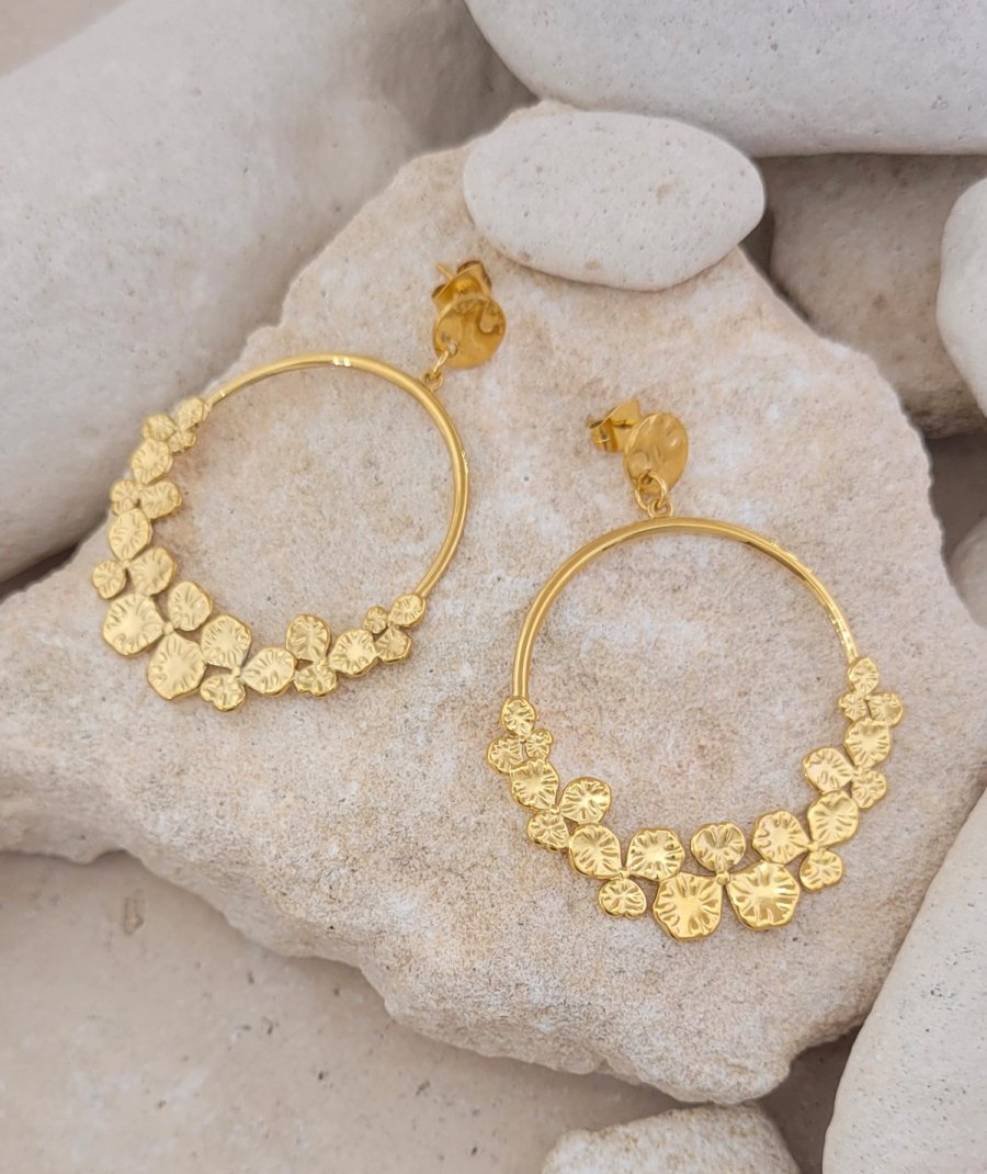 Boucles d'oreilles acier doré créole fleuilles