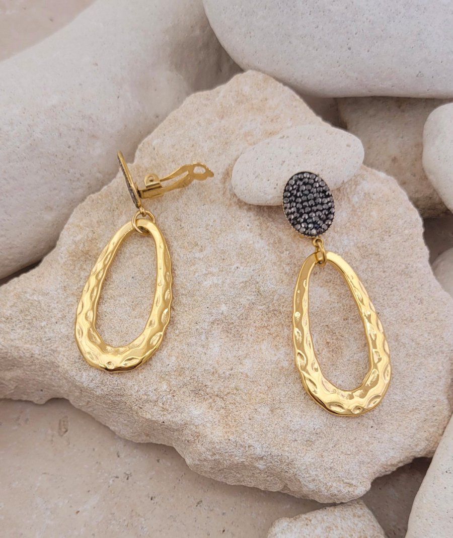 Boucles d'oreilles clip acier doré strass noir (non percées)
