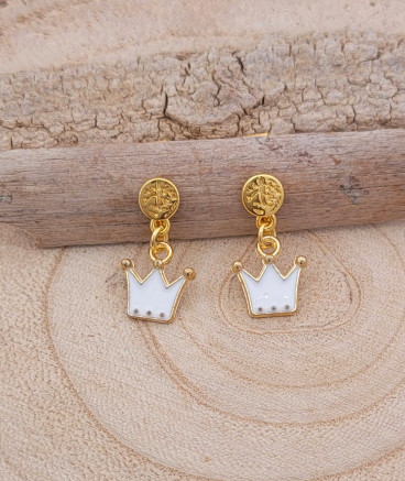 Petites boucles oreilles à clip pendantes pour fillettes avec une couronne blanche - Pépita by Tara Pépita
