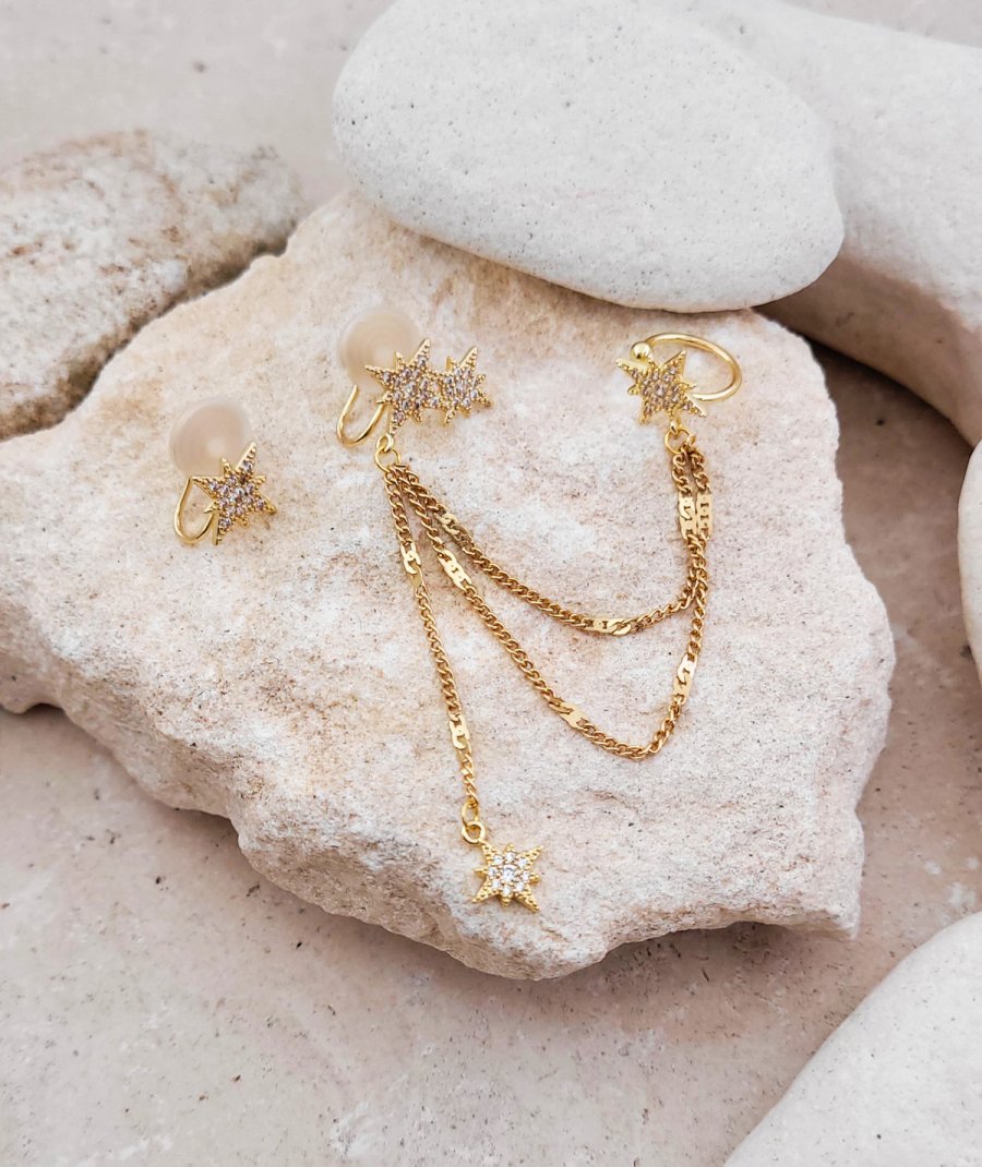 Bijoux d'oreilles Ear cuff non percé strass étoiles dorées