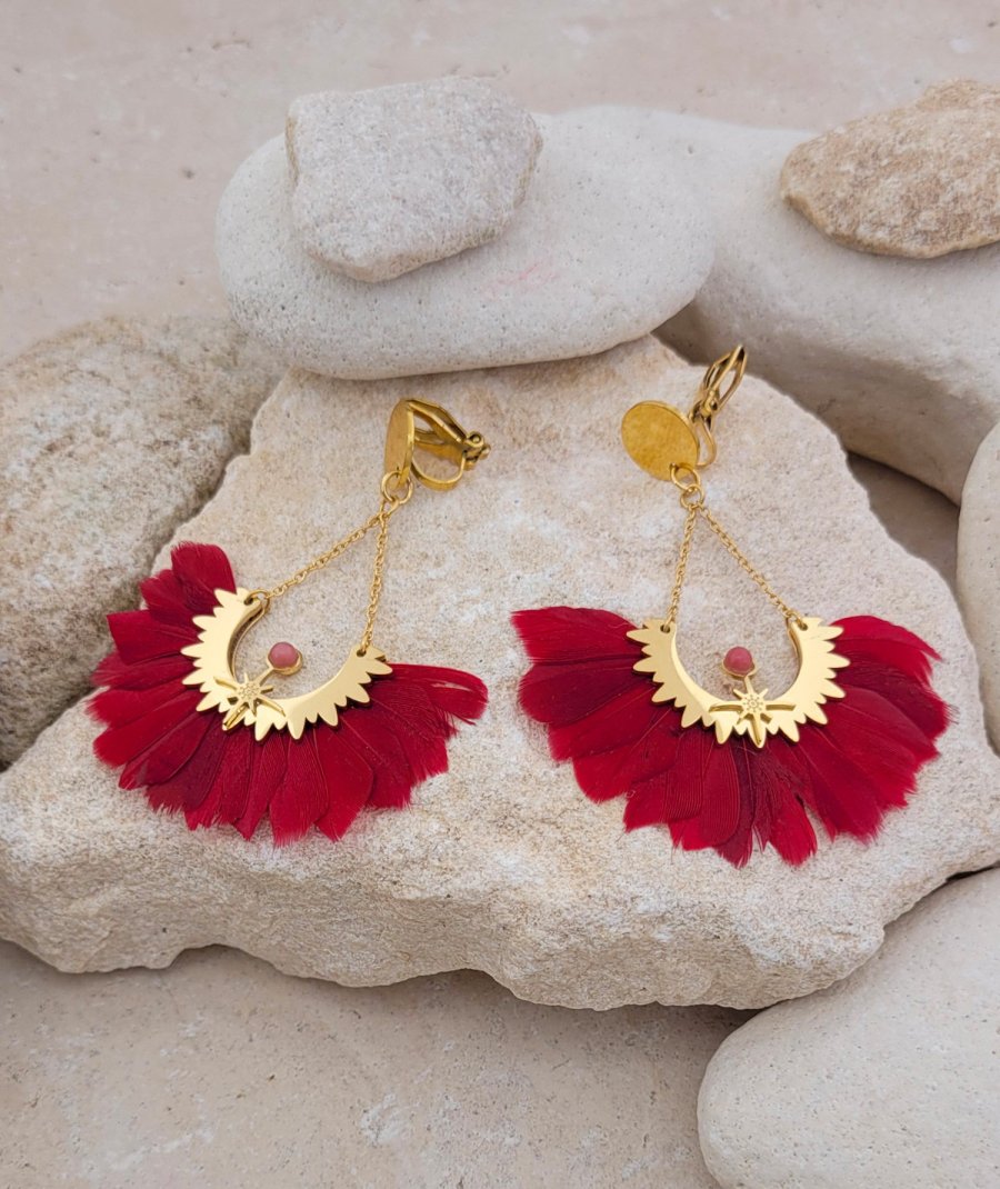 Boucles d'oreilles clip acier plumes rouge framboise (non percées)