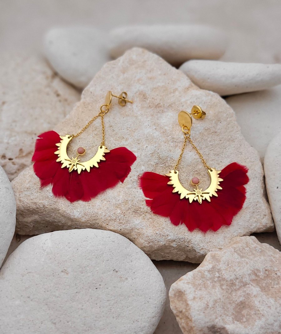 Boucles D'oreilles Pendantes Plumes Rouges Pour Femme - Neuf Sans Emballage - Style Bohème Et Festif