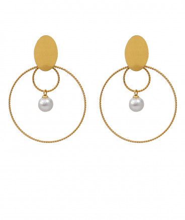 Boucles d'oreilles clip acier doré créole et perle (non percées)