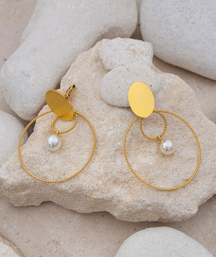 Boucles d'oreilles clip acier doré créole et perle (non percées)