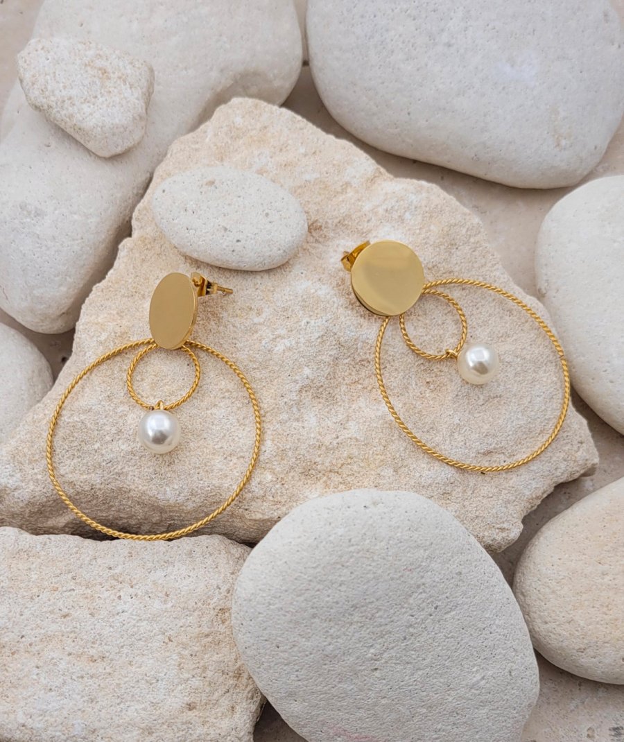 Boucles D'oreilles Créoles Perles Strass Acier Doré Tres.Or - Bijoux Français Neufs