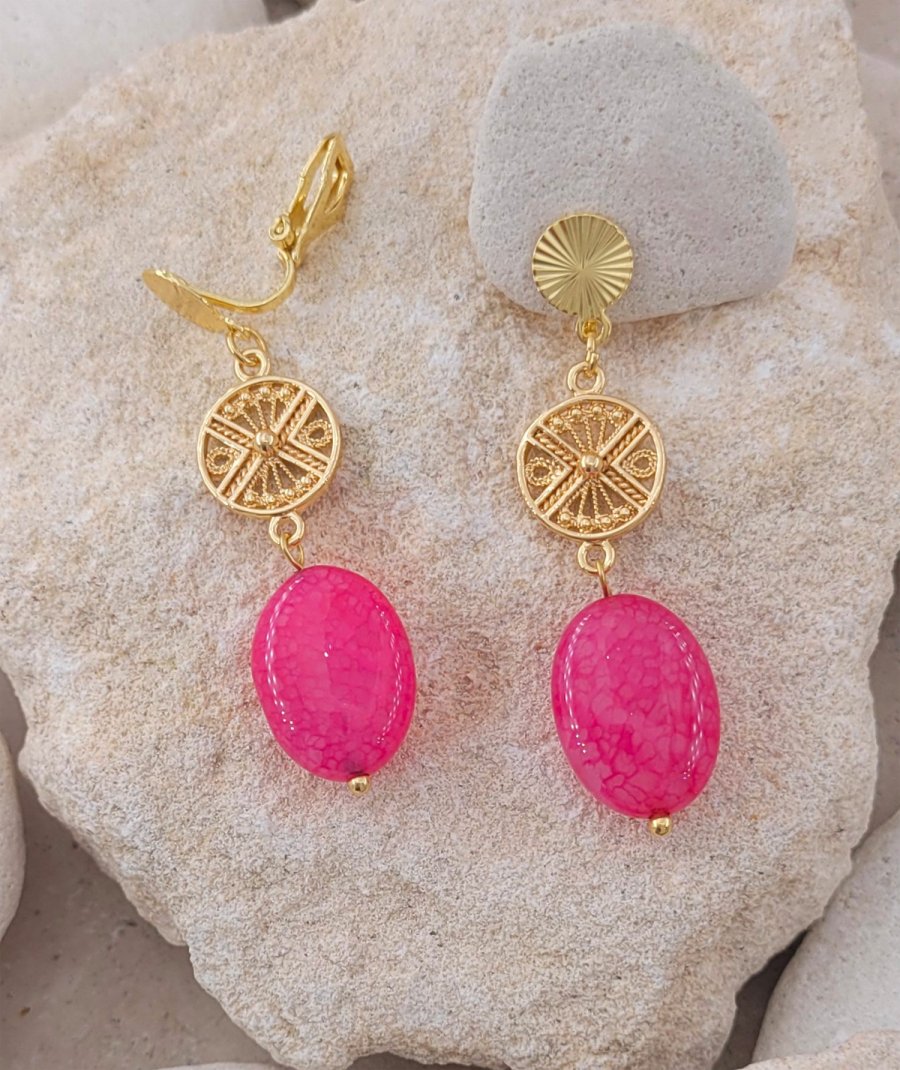 Boucles d'oreilles clip jade rose fushia (non percées)