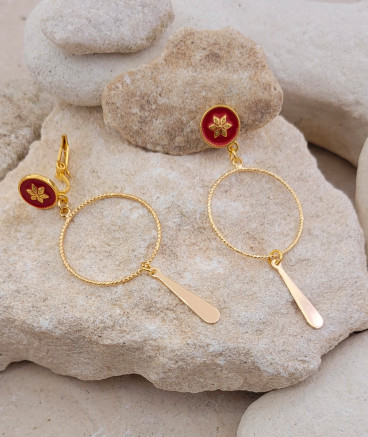 Boucles oreilles à clips pendantes ultra légère rouge et or  - L'Ultra-confort par Tara Pépita