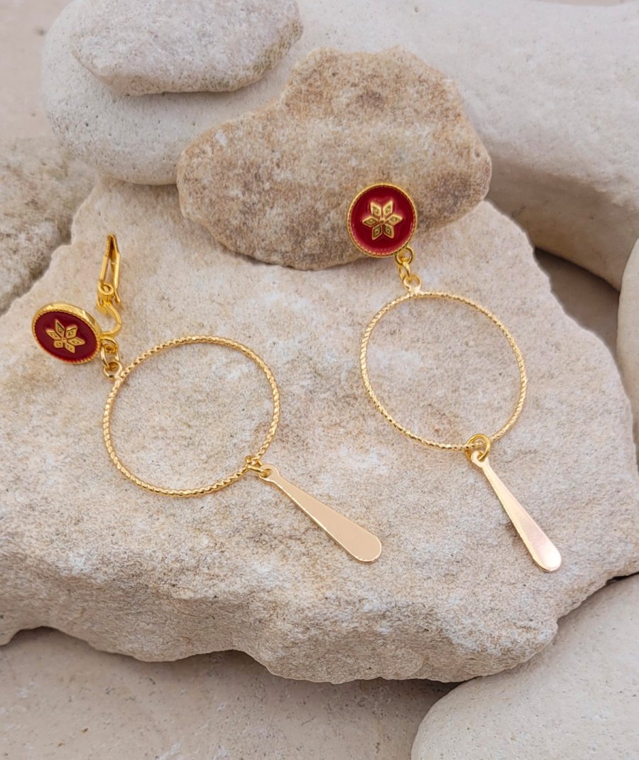 Boucles oreilles à clips pendantes ultra légère rouge et or  - L'Ultra-confort par Tara Pépita