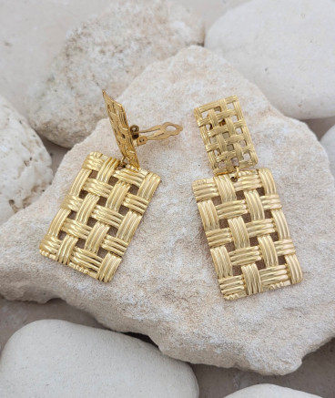 Boucles d'oreilles clip acier doré rectangles tressés