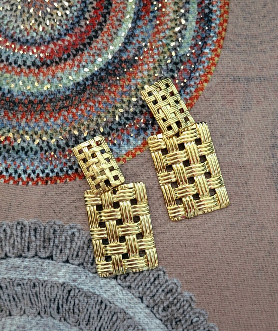 Boucles d'oreilles clip acier doré rectangles tressés