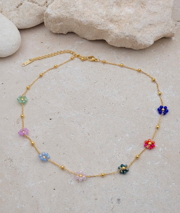 Collier Ras Du Cou Femme Violet - Perles Dorées Et Violettes Sur Fil Doré - Neuf