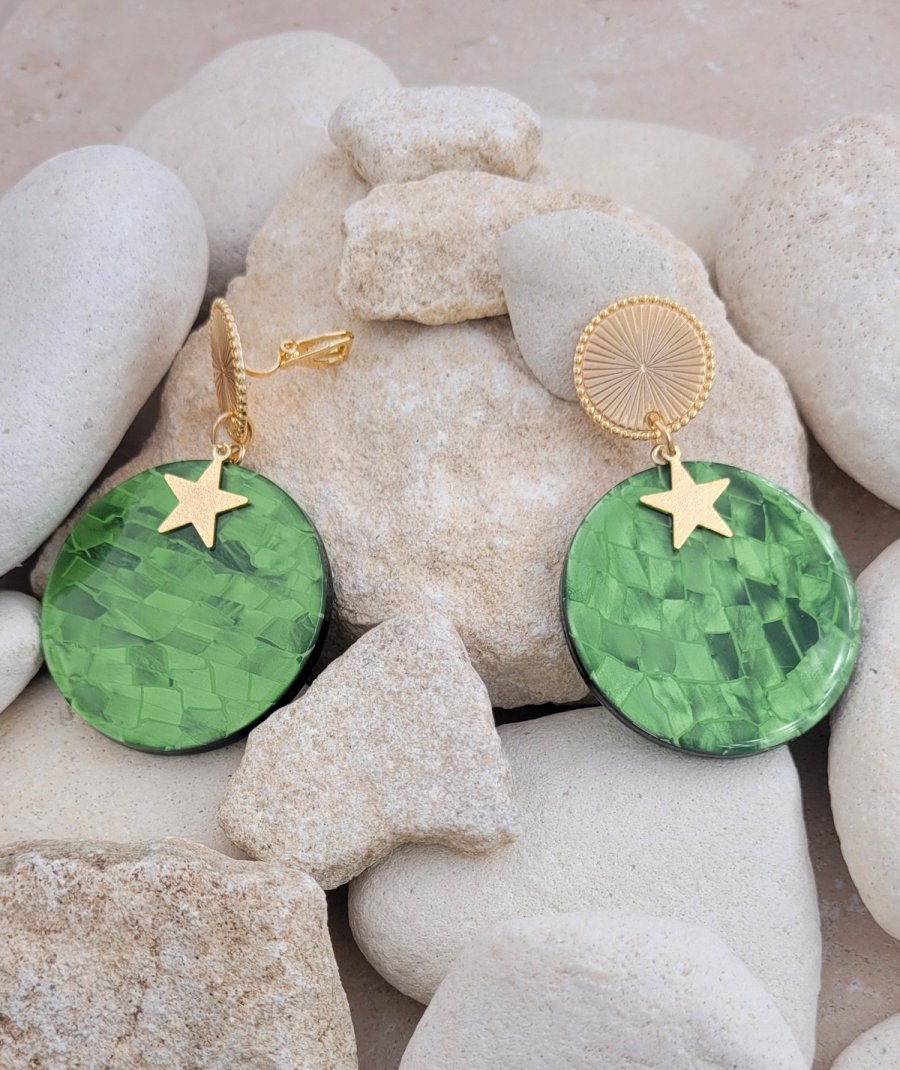 Boucles D'oreilles à Clip Rondes Vertes - Occasion - Style Vintage - Usure Du Temps Visible