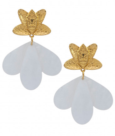 Boucles oreilles clips acier fleur blanche et or