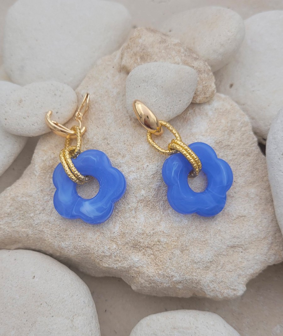Boucles d'oreilles clips fleurs bleu jean