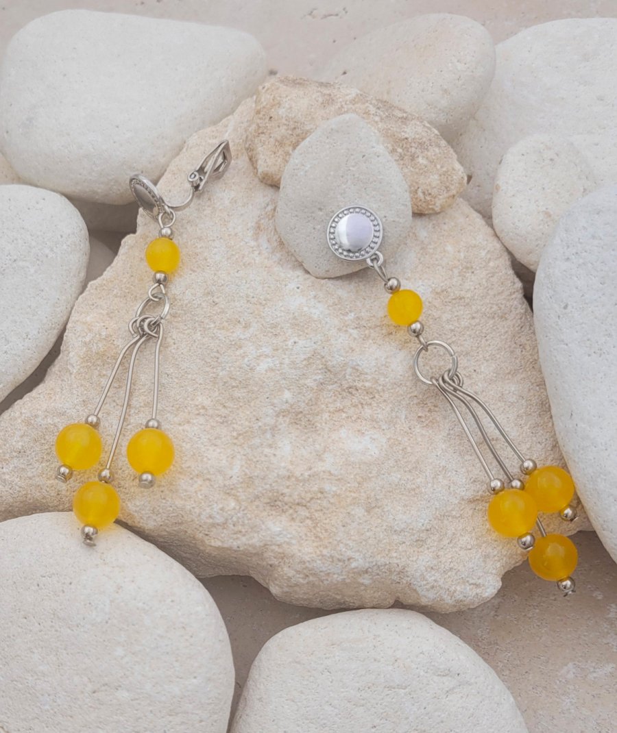 Boucles oreilles clip perles jade jaune