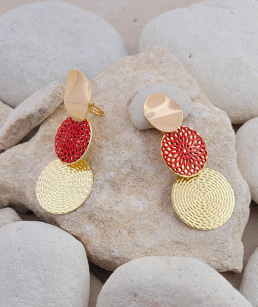 Boucles d'oreilles clips filigranes rouge et or