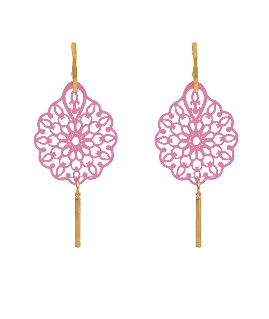 Boucles D’Oreilles Clips En Cuir Rose Et Passementerie – Vintage, Occasion