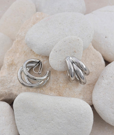 Boucles d'oreilles créoles clips 3 anneaux rhodiés