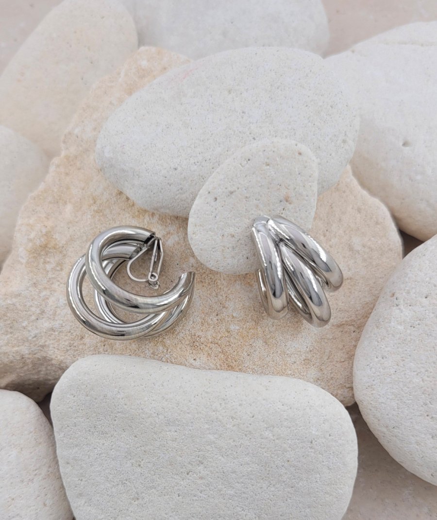 Boucles d'oreilles créoles clips 3 anneaux rhodiés