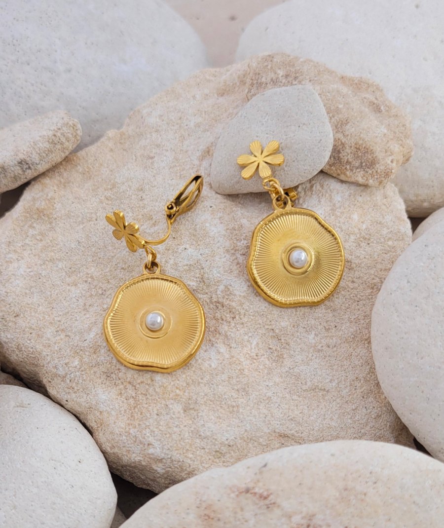 Boucles d'oreilles clip acier doré perle