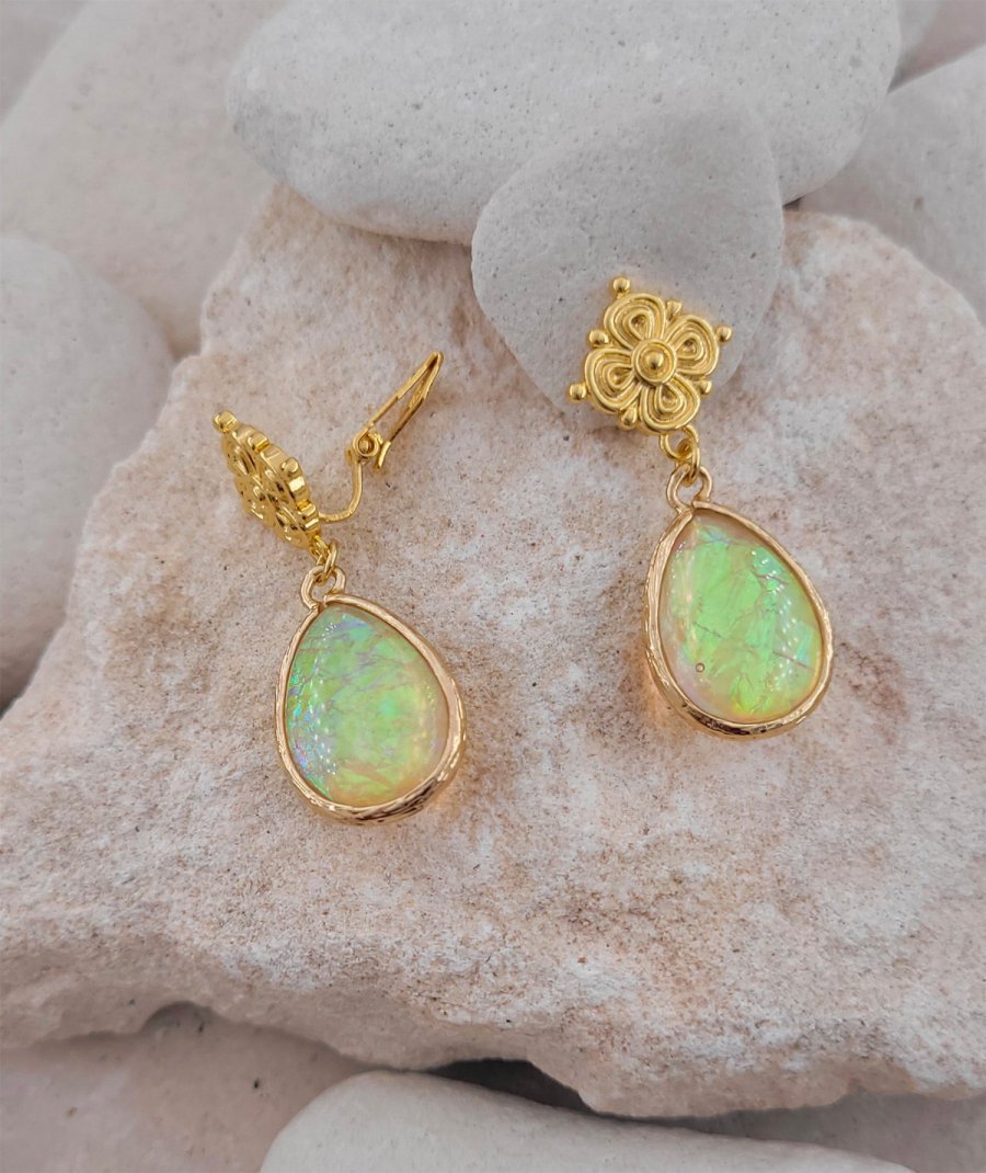 Boucles d'oreilles clip opale vert-or