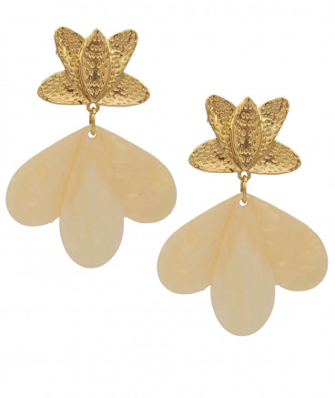 Boucles oreilles clips acier fleur beige