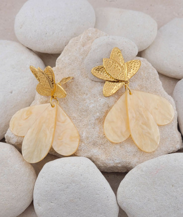 Boucles oreilles clips acier fleur beige