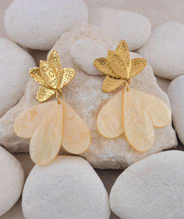 Boucles oreilles clips acier fleur beige