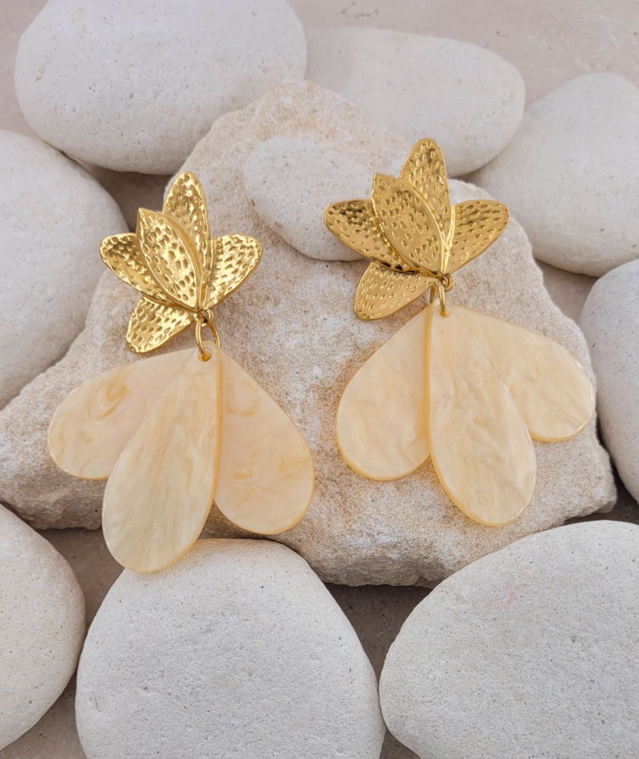 Boucles oreilles clips acier fleur beige