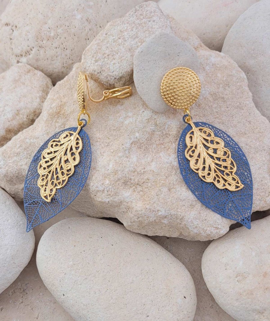 Boucles oreilles clips dorées bleu gris