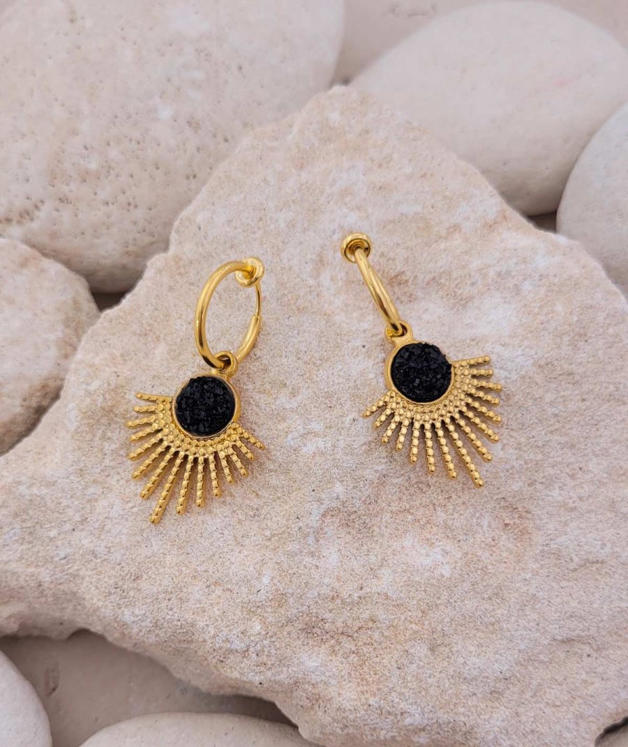Boucles oreilles clips acier doré noires