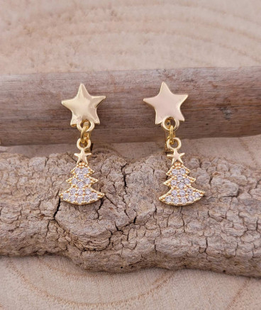 Boucles oreilles pendantes à clip pour les filles avec une étoile et un sapin en strass