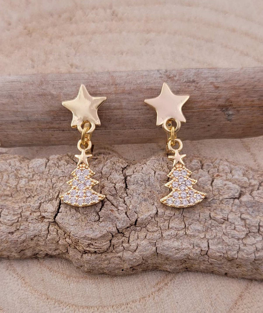 Boucles oreilles pendantes à clip pour les filles avec une étoile et un sapin en strass