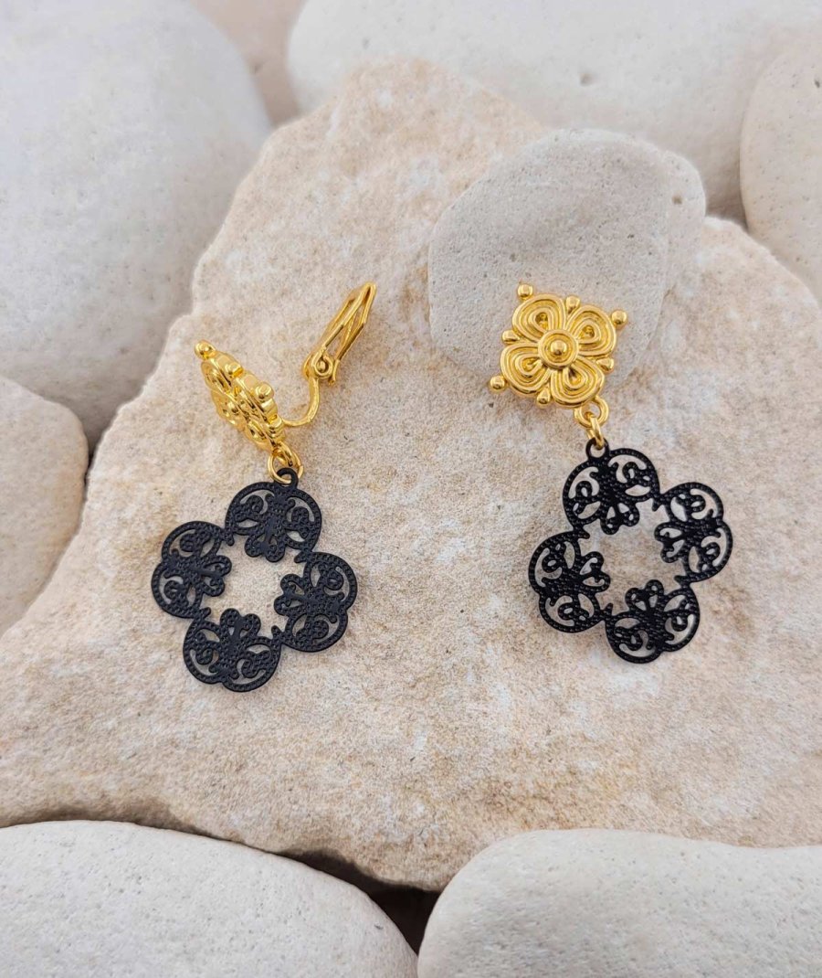 Boucles oreilles clips filigrane noir