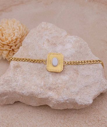 Bracelet sur chaîne acier doré médaillon blanc