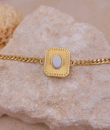 Bracelet sur chaîne acier doré médaillon blanc