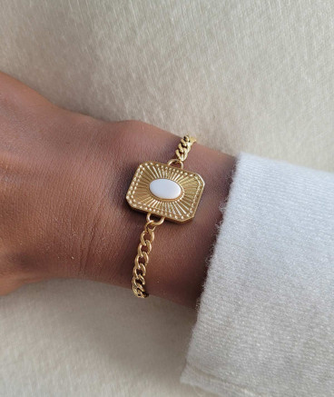 Bracelet sur chaîne acier doré médaillon blanc