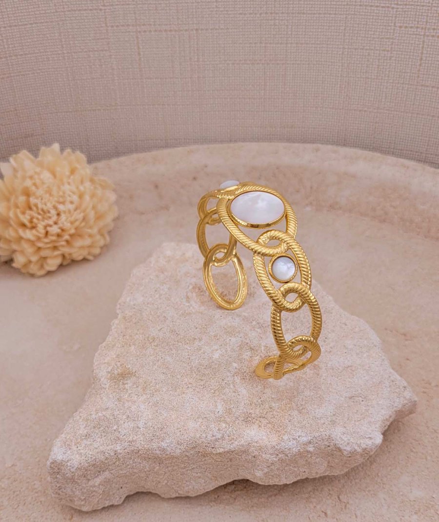 Bracelet Jonc En Laiton Doré Avec Incrustation De Nacre - Fermeture à Charnière - Occasion Bon état