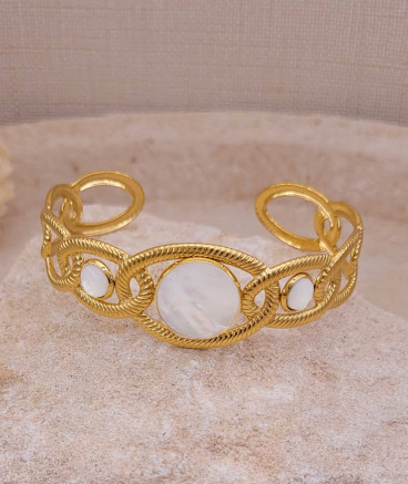 Bracelet jonc acier doré nacre blanche