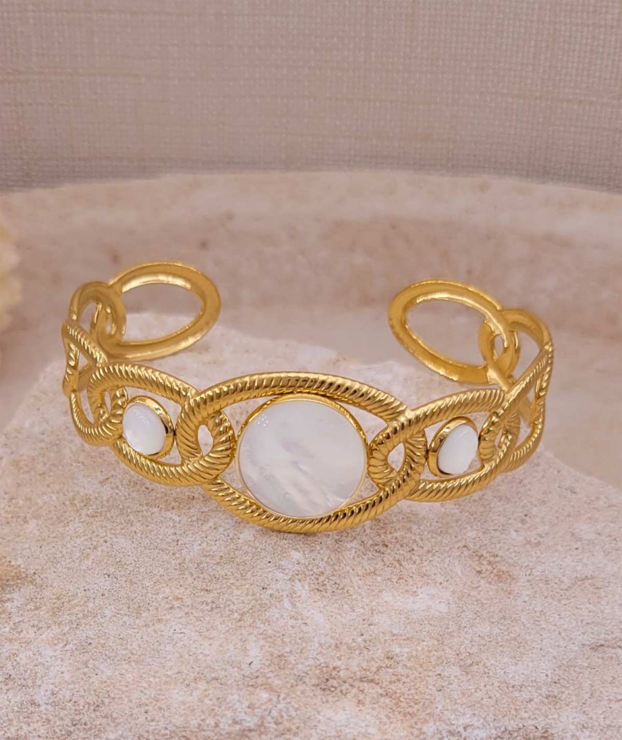Bracelet jonc acier doré nacre blanche