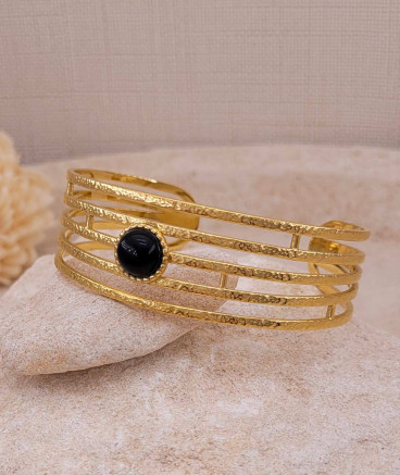 Bracelet jonc acier doré onyx noir