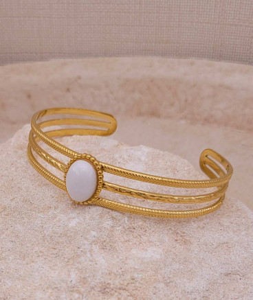 Bracelet jonc acier doré jade blanc