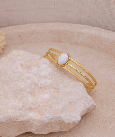 Bracelet jonc acier doré jade blanc