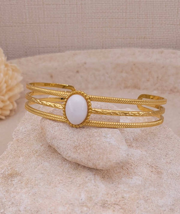 Bracelet jonc acier doré jade blanc