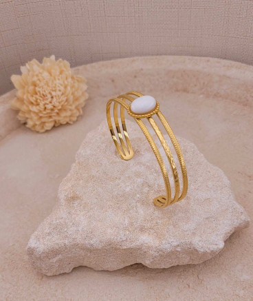 Bracelet jonc acier doré jade blanc