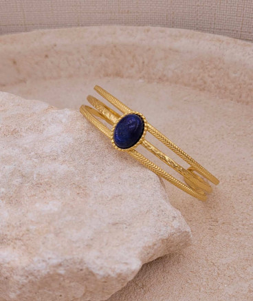 Bracelet jonc acier doré Lapis lazuli bleu