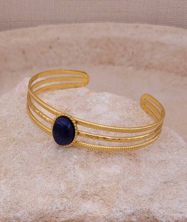 Bracelet jonc acier doré Lapis lazuli bleu